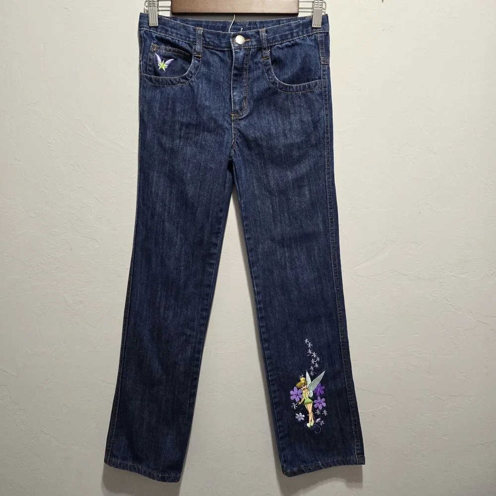 Disney Store Tinker Bell Girls Jeans Size 10/12 Embroidered Denim Pants Y2K
